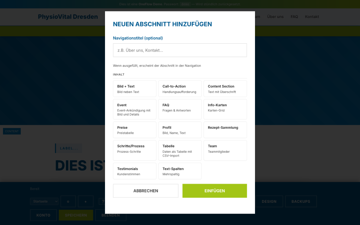 Website-Editor-Interface mit Dialog zum Hinzufügen neuer Content-Abschnitte und Inhaltselementen