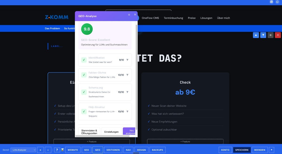 GEO-Analyse Dashboard mit Score 9.8 zeigt SEO-Optimierung für lokale Suchmaschinen und strukturierte Daten