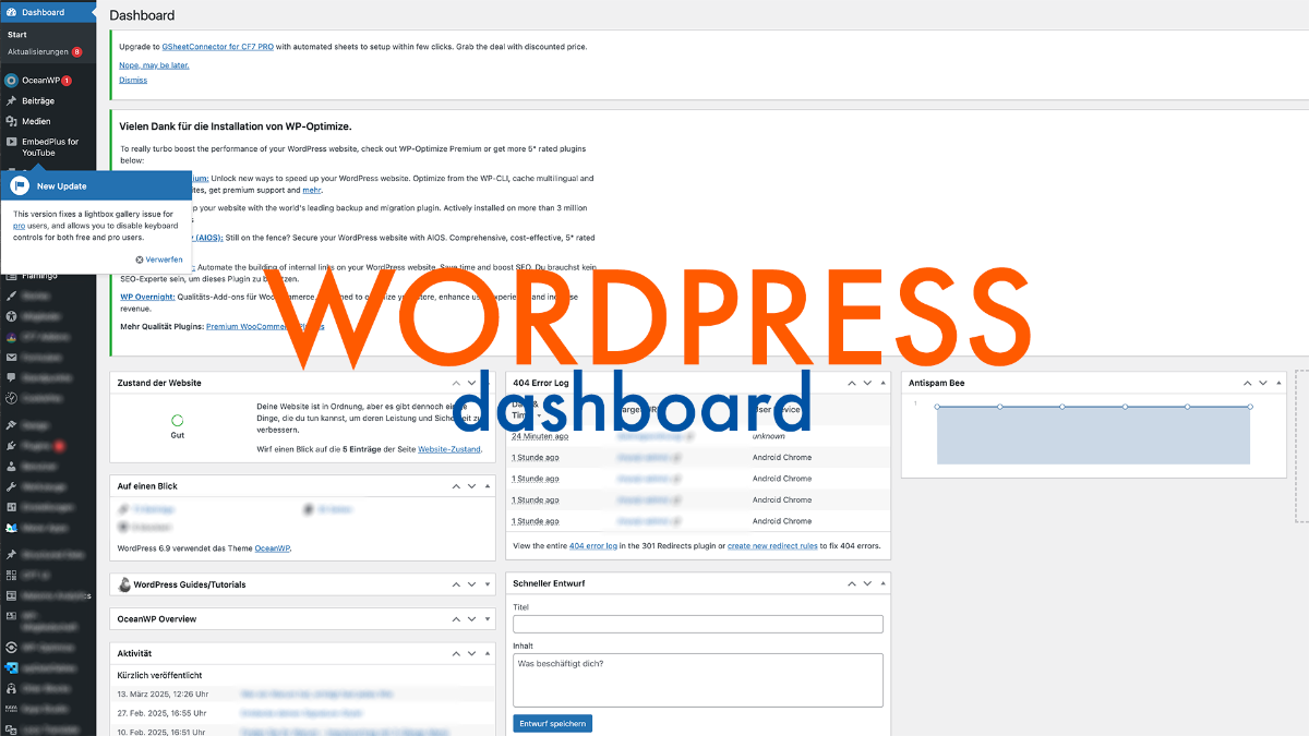 WordPress Dashboard-Oberfläche mit Menüleiste, Update-Benachrichtigungen und Website-Statistiken